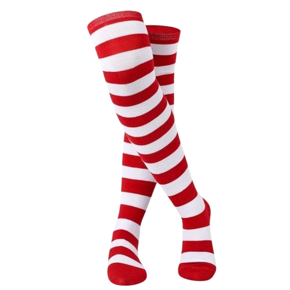 Over the Knee Christmas Striped Elf Socks Red and Green Stripes OTK Thigh High - Picture 9 of 9